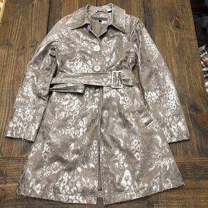 Via Spiga Women's Rain Trench Coat‎ Silver Brown Shine Belted Size PP Jacket